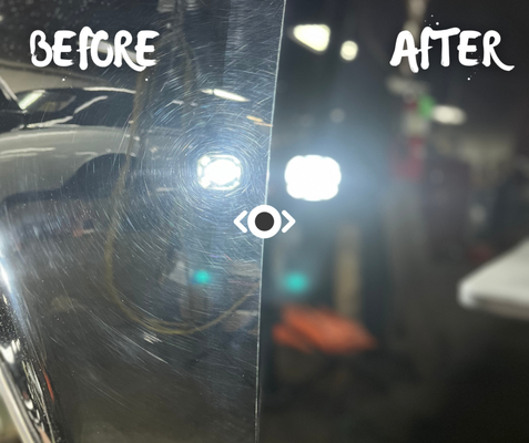 Paint Correction - Before and After - These results  are truly better than a showroom new finish! 

Many new car owners have this service performed to set your vehicle apart from any other on the road be it a Million Dollar Ferrari or a GMC Sierra (All Defects removed). 

We Test a combination of polishes, compounds, and pads to find the optimal fit for the finish of your vehicle. This is a 90-100% defect removal & Orange Peel Texture Reduction. {Rock Chip Repair Optional Upon Request}