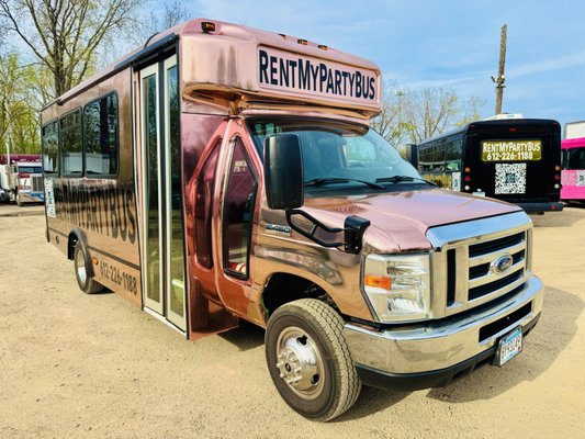 The Rosé Party Bus - The Rosé Party Bus is a super unique party bus with features that we bet you’ve never in Minnesota seen before! It has an amazing Rose Gold exterior, with a matching interior, an amazing sound system powered by Kicker, 2 spinning bubble dance poles, a Neon Flower Wall, and a bunch of other cool features! The Rosé Party Bus is perfect for any occasion especially for Birthday Parties, Bachelorette Parties, Kids Parties, Festivals, Concerts, and more!
We’ve been doing Party Buses 16 years since we first opened in 2008 with just 1 bus! Now we have a fleet of over 24 Party Buses and we’re still growing! Our Party Bus sizes range from 10 to 60 passengers and in a variety of colors like Pink, Black, and White. Our brand new and super unique line of VIP Party Buses with Metallic Gold, Metallic Pink, Metallic Silver, and more!
We service most of Minnesota and the Twin Cities, Minneapolis, Saint Paul, Edina, Stillwater, and more! We also service Wisconsin including Hudson, Prescott, and more! The Rosé Party Bus - The Rosé Party Bus is a super unique party bus with features that we bet you’ve never in Minnesota seen before! It has an amazing Rose Gold exterior, with a matching interior, an amazing sound system powered by Kicker, 2 spinning bubble dance poles, a Neon Flower Wall, and a bunch of other cool features! The Rosé Party Bus is perfect for any occasion especially for Birthday Parties, Bachelorette Parties, Kids Parties, Festivals, Concerts, and more!
We’ve been doing Party Buses 16 years since we first opened in 2008 with just 1 bus! Now we have a fleet of over 24 Party Buses and we’re still growing! Our Party Bus sizes range from 10 to 60 passengers and in a variety of colors like Pink, Black, and White. Our brand new and super unique line of VIP Party Buses with Metallic Gold, Metallic Pink, Metallic Silver, and more!
We service most of Minnesota and the Twin Cities, Minneapolis, Saint Paul, Edina, Stillwater, and more! We also service Wisconsin including Hudson, Prescott, and more!