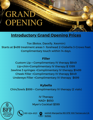 🌟 Special Offer at BFF Medical Wellness Clinic! - Limited time only (Grand Opening Pricing)
Invest in your wellness journey with confidence! With every treatment purchase above $499, we're delighted to provide a complimentary IV therapy session to enhance your healing experience.

But that's not all! At BFF Medical Wellness Clinic, we believe in personalized care. That's why we offer a FREE consultation with a medical provider, not a salesperson, to discuss the best treatment course tailored to your unique needs.

Our medical professionals are here to guide you, answer your questions, and ensure that you receive the optimal care you deserve.

✅ Complimentary IV Therapy with $499+ Purchase
✅ Free Consultation with a Medical Provider
✅ Genuine Care, Expertise, and Guidance

Take the first step towards a healthier, revitalized you. Contact us today at www.bffmedical.com or call 951-824-6121.

Your wellness journey begins with BFF. Trust in our expertise and compassionate care.