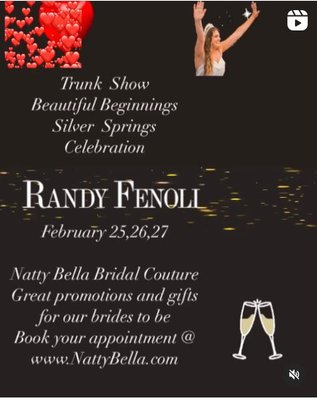 Randy Fenoli Trunk Show February 25,26,27, 2022 - This weekend 25th thru 27 of February discounts Randy Fenoli new collection “ Celebration “ https://www.randyfenoli.com/celebration Randy Fenoli Trunk Show February 25,26,27, 2022 - This weekend 25th thru 27 of February discounts Randy Fenoli new collection “ Celebration “ https://www.randyfenoli.com/celebration