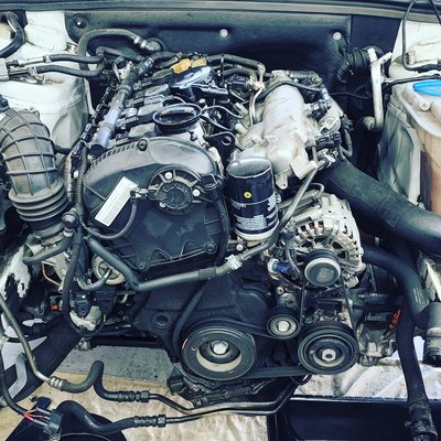 Audi 2.0T TFSI engine work. - In this job on this 2013 Audi A5, there was oil leaking from both the top timing cover and bottom timing cover. This job required removing the front bumper and crash bar. after the reseal was done on the covers I cleaned the area and put it all back together. Audi 2.0T TFSI engine work. - In this job on this 2013 Audi A5, there was oil leaking from both the top timing cover and bottom timing cover. This job required removing the front bumper and crash bar. after the reseal was done on the covers I cleaned the area and put it all back together.