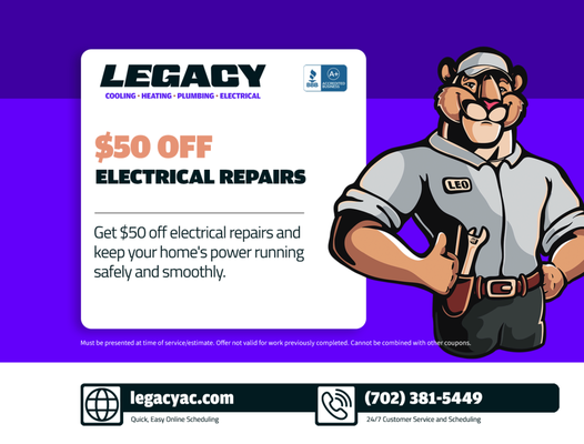 Save $50 on any electrical repair! - Get $50 off electrical repairs to keep your home's power running safely and smoothly. Save $50 on any electrical repair! - Get $50 off electrical repairs to keep your home's power running safely and smoothly.