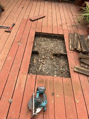 Redwood Deck Repair - This was a rental property where we were tasked with making the space safe for tenants. The deck had significant dry rot, compromising its structural integrity. We carefully removed and replaced the damaged sections, reinforcing the deck to meet safety standards. Our team ensured that the repairs were both functional and aesthetically pleasing, restoring the deck to a safe and usable condition for the property owner and tenants. Redwood Deck Repair - This was a rental property where we were tasked with making the space safe for tenants. The deck had significant dry rot, compromising its structural integrity. We carefully removed and replaced the damaged sections, reinforcing the deck to meet safety standards. Our team ensured that the repairs were both functional and aesthetically pleasing, restoring the deck to a safe and usable condition for the property owner and tenants.