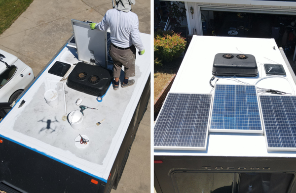 Roof repair with solar panels - This RV had its unique features, with solar panels installed on its roof. The roof was damaged at the corners. We updated the coating and reinforced the problem areas. Roof repair with solar panels - This RV had its unique features, with solar panels installed on its roof. The roof was damaged at the corners. We updated the coating and reinforced the problem areas.