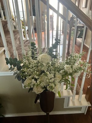 Event Florals - Extra large floral arrangement in tall urn for a small wedding reception along with a bucket floral arrangement