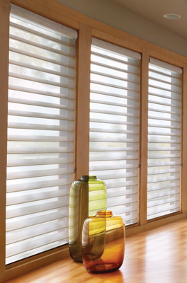 Sheers & Shadings - Sheers and shadings are window treatments that offer soft, diffused light by combining sheer, translucent fabric with adjustable fabric vanes. They provide a unique combination of a soft, curtain-like appearance with the precise light and privacy control of a blind, allowing for a beautiful, unobstructed view when open and filtering light effectively when closed.