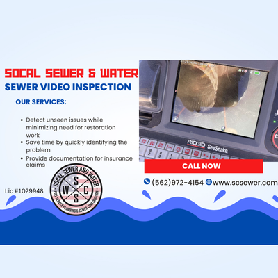 Sewer video Inspection - Are you experiencing sewer line issues and not sure what's causing the problem? SoCal Sewer and Water has the solution! We use state-of-the-art sewer video systems to inspect your pipes and identify any issues. With this technology, we can pinpoint the EXACT location of the problem and provide you with a detailed report. Don't let sewer line issues go unresolved- contact us today to schedule your sewer video inspection (562)972-4154, financing options available! Sewer video Inspection - Are you experiencing sewer line issues and not sure what's causing the problem? SoCal Sewer and Water has the solution! We use state-of-the-art sewer video systems to inspect your pipes and identify any issues. With this technology, we can pinpoint the EXACT location of the problem and provide you with a detailed report. Don't let sewer line issues go unresolved- contact us today to schedule your sewer video inspection (562)972-4154, financing options available!