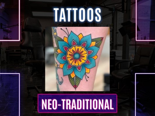 Neo-Traditional - The neo-traditional style is one that puts a new, modern twist on traditional tattoos. Instead of a limited color palette and bold black lines, neo-traditional often features a softer color palette and detailed shading.