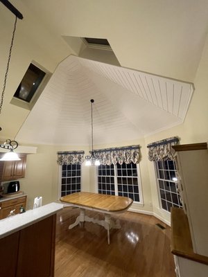 Shiplap Ceiling with all the angles - This ceiling had a history of cracking drywall. We installed shiplap to fix the problem. This project had its challenges, there were a lot of different angles! Shiplap Ceiling with all the angles - This ceiling had a history of cracking drywall. We installed shiplap to fix the problem. This project had its challenges, there were a lot of different angles!
