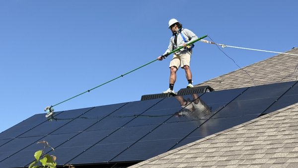 Solar Panel Cleaning - Solar Panel Cleaning with a Water-Fed Pole
We use a specialized water-fed pole system to safely and effectively clean solar panels. Purified deionized water is delivered through a soft-bristle brush, gently removing dirt, dust, and debris without the use of harsh chemicals. This method protects the panels’ surface and maximizes energy efficiency by ensuring they receive full exposure to sunlight.