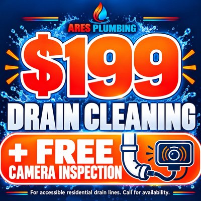 DRAIN CLEANING & CAMERA SPECIAL - If you are tired of slow draining sinks and constantly back-up bathrooms, give ARES Plumbing a call today! Our dedicated techs will ensure your issue is mitigated and then the root cause is identified! DRAIN CLEANING & CAMERA SPECIAL - If you are tired of slow draining sinks and constantly back-up bathrooms, give ARES Plumbing a call today! Our dedicated techs will ensure your issue is mitigated and then the root cause is identified!