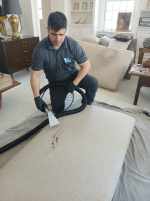 Upholstery Cleaning — Before & After - See the before, cleaning process, and finished result of an upholstery cleaning project by Vix Cleaning Services. We carefully clean the fabric, treat spots, and extract embedded dirt to refresh the furniture and improve its appearance. Spot removal depends on the type of stain, how long it has been present, and the condition of the fabric. Call us for a free estimate.