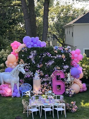 Turning 6 - This was a six birthday party, the client ask me for unicorn party idea, we make a floral design mix with balloons and some disco ball, all the prop are available for rent. Turning 6 - This was a six birthday party, the client ask me for unicorn party idea, we make a floral design mix with balloons and some disco ball, all the prop are available for rent.