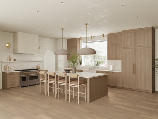 Kitchen remodel 2025 - This bright and sophisticated kitchen features a warm, neutral aesthetic, utilizing a palette of creamy whites, beige walls, and light, natural wood tones for both the extensive cabinetry and the hardwood flooring. The design successfully blends modern functionality with organic texture, exemplified by the striking, oversized woven pendant lights hanging above the central island. High-end features include a professional-style range with a custom hood enclosure and a dedicated built-in wine refrigerator. The marble-look countertops and matching backsplash add a touch of luxury, while the four modern bar stools with light woven or leather seats provide comfortable seating at the island. The large central window offers a pleasant view of the outdoors, making this a cohesive, airy, and inviting contemporary space. Kitchen remodel 2025 - This bright and sophisticated kitchen features a warm, neutral aesthetic, utilizing a palette of creamy whites, beige walls, and light, natural wood tones for both the extensive cabinetry and the hardwood flooring. The design successfully blends modern functionality with organic texture, exemplified by the striking, oversized woven pendant lights hanging above the central island. High-end features include a professional-style range with a custom hood enclosure and a dedicated built-in wine refrigerator. The marble-look countertops and matching backsplash add a touch of luxury, while the four modern bar stools with light woven or leather seats provide comfortable seating at the island. The large central window offers a pleasant view of the outdoors, making this a cohesive, airy, and inviting contemporary space.
