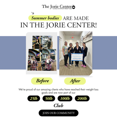 🌟 Celebrating Our Clients' Success! 🌟 - 🎉 Summer bodies are made at The Jorie Center! 🌞✨ Witness this incredible transformation achieved by one of our dedicated clients! 👏🏼💪🏼 Visit our website or stop in to see their amazing before and after photos.

At The Jorie Center, we've been helping individuals achieve their weight loss and clinical nutrition goals for over 30 years, with thousands of success stories to show for it. Our proven Program has empowered countless clients to make positive changes in their lives.

💯 Join our exclusive 25lb, 50lb, 100lb and 200lb+ Clubs, where members celebrate reaching significant milestones on their weight loss journeys. 🏋️‍♀️🥇 We're inspired by their dedication and determination to transform their bodies and improve their overall well-being.

🙌🏼 We take immense pride in our clients' achievements, and we're grateful for the opportunity to be a part of their transformative journeys. With our specialized programs and expert guidance, you too can achieve remarkable results.

🌟 Ready to start your own success story? Choose The Jorie Center as your partner in reaching your weight loss and clinical nutrition goals. Let's make this summer your best one yet! 💪🏼🎉

#TransformationTuesday #WeightLossJourney #SummerBodies #JorieCenterSuccess #30YearsOfExcellence #InspiringTransformations