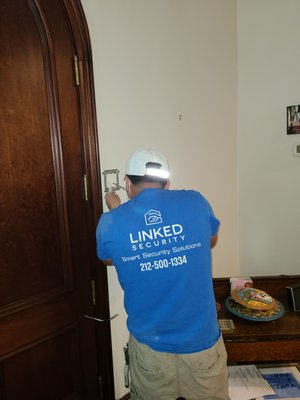 In-wall re-wiring for intercom system + cameras - This Brooklyn townhouse had the intercom wiring running in the hallway in a very nasty looking way... Linked Security was hired to run new wires inside the walls all through 5 floors and reinstall the system. Customer also requested a security cameras system to be installed.
Our process was:
1. Prep the building for some major dust work
2. Cut channels in the walls all the way from the top floor to the cellar level - cleaning during and after each floor is done
3. Run new wires to all of the locations.
4. Patch the walls and sand them - get them easy for painting
5. install the intercom on the new wiring, install the security cameras
6. System check and training for the new security cameras system. In-wall re-wiring for intercom system + cameras - This Brooklyn townhouse had the intercom wiring running in the hallway in a very nasty looking way... Linked Security was hired to run new wires inside the walls all through 5 floors and reinstall the system. Customer also requested a security cameras system to be installed.
Our process was:
1. Prep the building for some major dust work
2. Cut channels in the walls all the way from the top floor to the cellar level - cleaning during and after each floor is done
3. Run new wires to all of the locations.
4. Patch the walls and sand them - get them easy for painting
5. install the intercom on the new wiring, install the security cameras
6. System check and training for the new security cameras system.