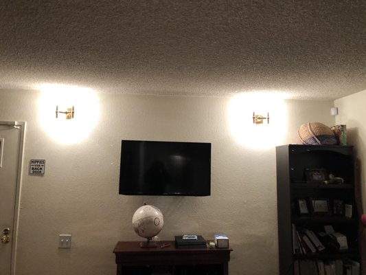 New Lightning installation in Hercules - This project, was completed in 4 days was 2 new sealing fan. 2 new light fixture installed by the fire place another 2 light fixture on the wall. Another light fixture by the entry door. And some outlets and switches replaced New Lightning installation in Hercules - This project, was completed in 4 days was 2 new sealing fan. 2 new light fixture installed by the fire place another 2 light fixture on the wall. Another light fixture by the entry door. And some outlets and switches replaced