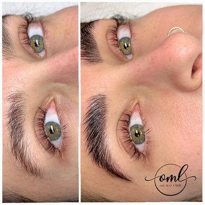 Keratin Brow Lamination - Keratin brow laminations, also known as brow infusions or lift, uses keratin product from Brow Code and is designed to straighten the brow hair resulting in an instantly full, lifted and fluffy brow.  Lamination enhances each natural, individual hair while setting all the hair to stand in the desired direction.  The infusion serum used also stimulates each natural blade of hair to grow naturally.  The formula from Brow Code is safe, effective, and VEGAN FRIENDLY.  Results last up to 6 weeks.