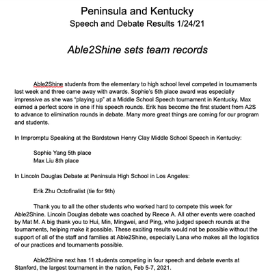 Able2Shine Speech and Debate Team! - Our A2S S&D team has been seeing results in just their second tournament. We are currently in finals for the Stanford S&D tournament. We'll be posting our results next week!