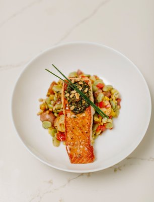 Seared Salmon. - This is one of my favorite dishes! It is full of flavor, lots of color, and packed with Tennessee grown vegetables.