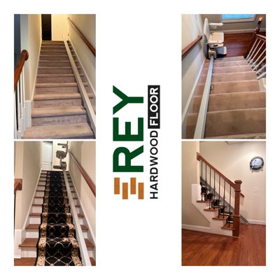 New Year, New Floors! January ‘24 - Our first project of the year couldn't have been more fun working with this client. Our client wanted some old carpet removed and replaced with pre-finished engineered flooring. The client also desired new stairs and railings. We removed the old carpet from the stairs and installed new steps with handrails and posts.