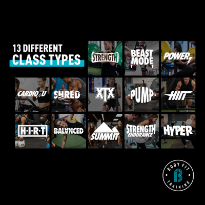 Class Types - BFT offers 13 different class types, from purely strength training classes designed to build lean muscle, to high intensity cardio classes designed to improve aerobic endurance. Our energetic trainers will be with you every step of the way!