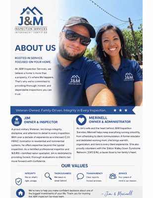 About Us - Family-owned, Veteran-owned, and committed to helping you make confident decisions with honest, thorough home and commercial property inspections.
Book your home or commercial property inspection with J&M Inspection Services today and experience the difference of personalized, trusted service. About Us - Family-owned, Veteran-owned, and committed to helping you make confident decisions with honest, thorough home and commercial property inspections.
Book your home or commercial property inspection with J&M Inspection Services today and experience the difference of personalized, trusted service.