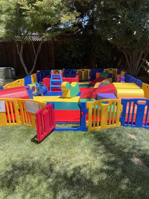 Party Plus package in Los Gatos, CA - Delivered our 12x16ft Party Plus package from Sacramento all the way to Los Gatos, CA. This package includes a larger corner climber as well as a larger square ball pit. A cylindrical climber also comes with this package as well as 4 ride-ons, 16 soft play blocks and a mirror pentagon
