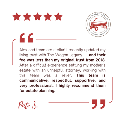 May Client Reviews 💛 - Grateful for Kind Words Like These 💛
Reviews like these remind us why we do what we do. Estate planning can be emotional and complex, especially when it comes to protecting your loved ones and avoiding probate. We're honored when clients trust us not just with their assets, but with their peace of mind.
One reviewer shared how past experiences with other firms left them feeling unwelcome. But at The Wagon Legacy, they found a team that listened, cared, and provided clear, professional guidance, regardless of the size of their estate.
Whether you're a small business owner or simply want to make life easier for your loved ones, we're here to help with personalized, judgment-free service.
✨ Professionalism, compassion, and even better pricing than five years ago? That’s what we’re proud to deliver.
Ready to get started on your plan? Let’s talk. May Client Reviews 💛 - Grateful for Kind Words Like These 💛
Reviews like these remind us why we do what we do. Estate planning can be emotional and complex, especially when it comes to protecting your loved ones and avoiding probate. We're honored when clients trust us not just with their assets, but with their peace of mind.
One reviewer shared how past experiences with other firms left them feeling unwelcome. But at The Wagon Legacy, they found a team that listened, cared, and provided clear, professional guidance, regardless of the size of their estate.
Whether you're a small business owner or simply want to make life easier for your loved ones, we're here to help with personalized, judgment-free service.
✨ Professionalism, compassion, and even better pricing than five years ago? That’s what we’re proud to deliver.
Ready to get started on your plan? Let’s talk.