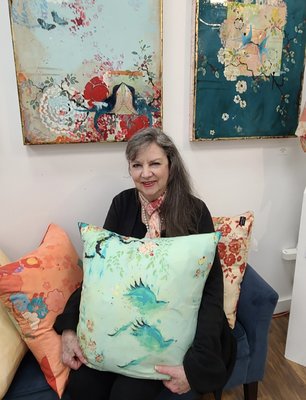 Kathe Fraga - My nature narrative paintings are inspired by the romance of vintage Chinoiserie, layered with pattern, botanicals, color and hidden motifs. We live in a 110-year-old Bainbridge Island home built with barnacled beach rock and weathered grey shingles. The old fir floorboards of our home, milled from the surrounding trees, remind me on a daily basis of the love and gentle patina of time—the sound and scent of the forest. With their decay and rebirth, they send their message to my art as I explore how the fresh beauty of the “new” evolves, over time, into something far more interesting and dramatic. Worn surfaces and distressed textures combine to create a sense of something soft and lovely and familiar; but yet, I feel the need to add a bold swath of color to add the modern and unexpected. It’s a resting place for the eye, a welcome peaceful voice as something reinvented emerges: gentle old meets dynamic new.