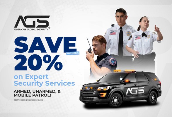 Save 20% on Expert Security Services - Take advantage of our limited-time offer at American Global Security! We're offering a 20% discount on Armed Security Guards, Unarmed Security Guards, and Mobile Patrol Services. Whether you need the protection of armed personnel, the vigilance of unarmed guards, or the coverage of mobile patrols for your property or event, we have you covered. Secure your premises with trusted professionals at an unbeatable price!



Security guard services
Private security company
Armed security services
Unarmed security guards
Corporate security services
Event security services
Mobile patrol security
Construction site security
Fire watch security services
Commercial security company
Retail security services
Residential security guards
24/7 security guard services
Top-rated security company
Professional security services
Security guard services Anaheim
Anaheim security guards
Security companies in Anaheim
Event security Anaheim
Armed security guards Anaheim
Unarmed security guards Anaheim
Mobile patrol services Anaheim
Commercial security Anaheim
Construction site security Anaheim
24/7 security services Anaheim
Best security company in Anaheim
Security for events in Anaheim
Retail security Anaheim
Anaheim private security services