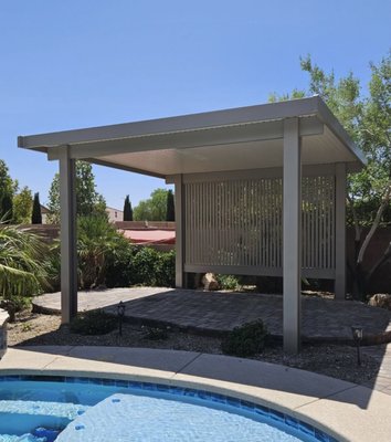 Solid Insulated Free Standing Pergola with Lattice Eyebrow. - This Alumawood patio covers were installed in the Las Vegas Valley. The detail to quality and craftsmanship is what separates Ultra Patio from the rest. Ultra Patios your #1 choice for all your patio cover needs. Solid Insulated Free Standing Pergola with Lattice Eyebrow. - This Alumawood patio covers were installed in the Las Vegas Valley. The detail to quality and craftsmanship is what separates Ultra Patio from the rest. Ultra Patios your #1 choice for all your patio cover needs.