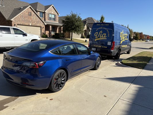 EV & Tesla Mobile Tire Service in DFW - his EV customer needed professional tire service without the inconvenience of visiting a tire shop. Via Tire dispatched a fully equipped mobile service van directly to the customer’s location, allowing the vehicle to be serviced safely and professionally onsite.
Electric vehicles require proper lifting points, specialized handling, and extra attention during tire service. Our technicians are equipped with EV lift pucks and professional equipment designed to safely service Tesla and other electric vehicles while protecting wheels, batteries, and factory components.
From tire replacement and balancing to flat repairs and TPMS service, Via Tire brings convenient EV tire service directly to your home, office, or workplace anywhere in the Dallas-Fort Worth area. EV & Tesla Mobile Tire Service in DFW - his EV customer needed professional tire service without the inconvenience of visiting a tire shop. Via Tire dispatched a fully equipped mobile service van directly to the customer’s location, allowing the vehicle to be serviced safely and professionally onsite.
Electric vehicles require proper lifting points, specialized handling, and extra attention during tire service. Our technicians are equipped with EV lift pucks and professional equipment designed to safely service Tesla and other electric vehicles while protecting wheels, batteries, and factory components.
From tire replacement and balancing to flat repairs and TPMS service, Via Tire brings convenient EV tire service directly to your home, office, or workplace anywhere in the Dallas-Fort Worth area.