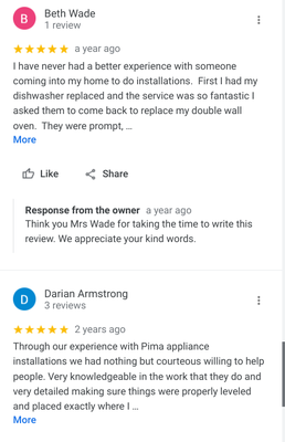 Check out our Google Reviews - Theres a reason we have 21 5-Star reviews. We take care of our customer the way they should be and make sure they are happy with the install. Call today to book your appliance Install. Check out our Google Reviews - Theres a reason we have 21 5-Star reviews. We take care of our customer the way they should be and make sure they are happy with the install. Call today to book your appliance Install.