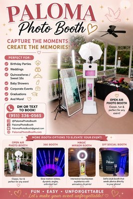 Luxury Premier Photo Booth Rental - ✨ Make Your Event Unforgettable with Our Traditional Open-Air Photo Booth! ✨
Looking for a fun, interactive experience for your wedding, birthday party, quinceañera, school dance, or corporate event? Our Traditional Open-Air Photo Booth delivers high-quality photos, instant prints, and nonstop entertainment for guests of all ages!
📸 Unlimited Sessions
🖨️ Instant 4x6 or Photo Strip Prints
🎉 Huge Selection of Fun Props
✨ Professional Lighting + DSLR Quality Photos
📱 Instant Digital Sharing
👨💼 Friendly On-Site Attendant
Perfect for large group photos and packed dance floors!
Serving Temecula, Murrieta, Menifee, Fallbrook and surrounding Southern California areas.
Book your date today with palomaphotobooth.com� 📲 (951) 336-0565 Luxury Premier Photo Booth Rental - ✨ Make Your Event Unforgettable with Our Traditional Open-Air Photo Booth! ✨
Looking for a fun, interactive experience for your wedding, birthday party, quinceañera, school dance, or corporate event? Our Traditional Open-Air Photo Booth delivers high-quality photos, instant prints, and nonstop entertainment for guests of all ages!
📸 Unlimited Sessions
🖨️ Instant 4x6 or Photo Strip Prints
🎉 Huge Selection of Fun Props
✨ Professional Lighting + DSLR Quality Photos
📱 Instant Digital Sharing
👨💼 Friendly On-Site Attendant
Perfect for large group photos and packed dance floors!
Serving Temecula, Murrieta, Menifee, Fallbrook and surrounding Southern California areas.
Book your date today with palomaphotobooth.com� 📲 (951) 336-0565