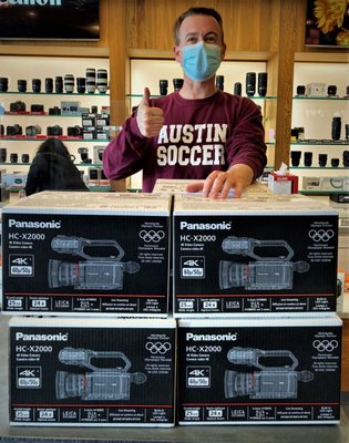 Cameras for Austin High - Camcorders anyone? Sean G. from Austin High takes delivery of some great new Panasonic cameras for his Multimedia class! Nothing quite like a stack of these amazing UHD 4K Pro video making tools to get the creativity flowing! Is it time to upgrade your department?