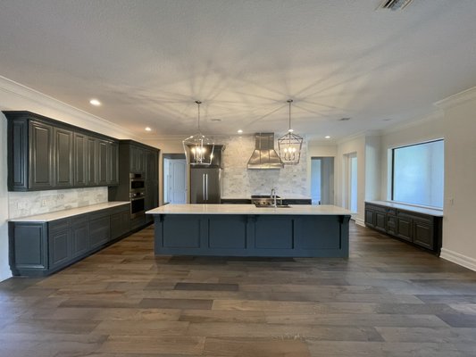 ￼Cabinet painting￼ - From white kitchen cabinets and espresso island we refinished , All cabinet doors and drawers and boxes in lacquer gray semi gloss.