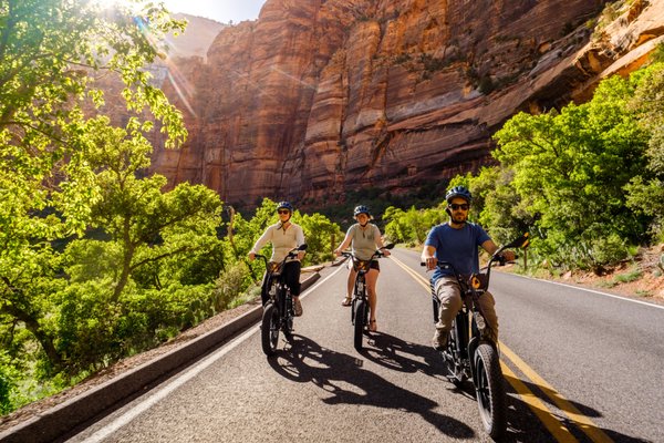 E-bike in Zion Canyon - Pedal-assist eBikes make your Zion Canyon visit more scenic, flexible, convenient & fun.
Beat the Zion crowds, and start your adventure before the shuttles.
E-bikes are the best way to see the most of the park, with the least amount of effort.
360 degree views!
Stop anywhere along the way.
Combine multiple hikes, all on your timeline.
10% the effort of a regular pedal-power bike. E-bike in Zion Canyon - Pedal-assist eBikes make your Zion Canyon visit more scenic, flexible, convenient & fun.
Beat the Zion crowds, and start your adventure before the shuttles.
E-bikes are the best way to see the most of the park, with the least amount of effort.
360 degree views!
Stop anywhere along the way.
Combine multiple hikes, all on your timeline.
10% the effort of a regular pedal-power bike.