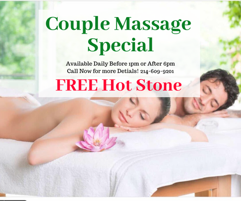 Couple Massage w/ Hot Stone Treatment - Happy Hour Special
Available Daily Before 1pm or After 6pm

Couple Massage
Complimentary Hot Stone Treatment

Call Now for more details

Massage 8

Call for Appointment 972-810-0296

Address: 6517 W Plano Pkwy Ste B, Plano, TX 75093