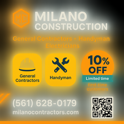 Milano Construction - 1st time discount - General Contractor offering dependable, high-quality handyman services for homes and small businesses. From minor repairs to full installations, every project is completed with expert craftsmanship and attention to detail. Milano Construction - 1st time discount - General Contractor offering dependable, high-quality handyman services for homes and small businesses. From minor repairs to full installations, every project is completed with expert craftsmanship and attention to detail.
