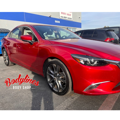 2017 Mazda 6 - This 2017 Mazda 6 needed a new right front door and repair on the rocker panel. We also painted the right fender and right rear door to ensure color match on this stunning "Soul Red" tricoat.