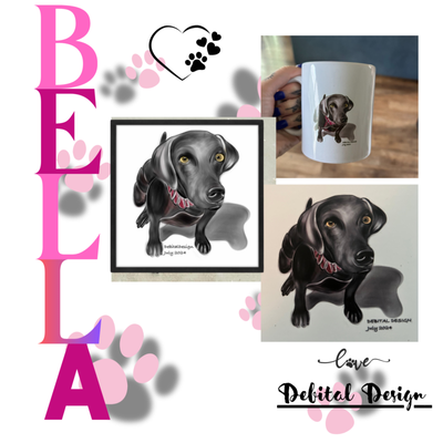 Bella - "This digital artwork of Bella was created using Procreate, then uploaded to Canva for customization on mugs, canvases, and other products. Buyers can choose the perfect way to showcase Bella’s charm, whether as a decorative piece or a functional keepsake. Each item is crafted with care to bring her beauty to life!"