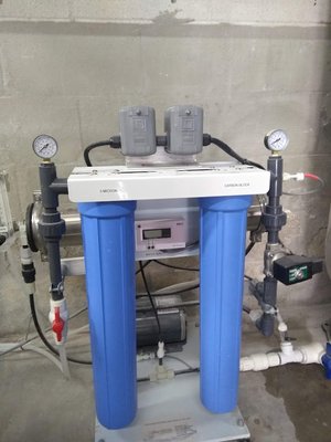 Commercial reverse osmosis retrofit - This light commercial RO system produces water low in dissolved solids. Too low in fact. The ultra-high pressure pump and accompanying jet cutter require a specific TDS range to prevent internal corrosion. We were easily able to retrofit a blend line to enable fine adjustment of the product water to the precise TDS value. Commercial reverse osmosis retrofit - This light commercial RO system produces water low in dissolved solids. Too low in fact. The ultra-high pressure pump and accompanying jet cutter require a specific TDS range to prevent internal corrosion. We were easily able to retrofit a blend line to enable fine adjustment of the product water to the precise TDS value.