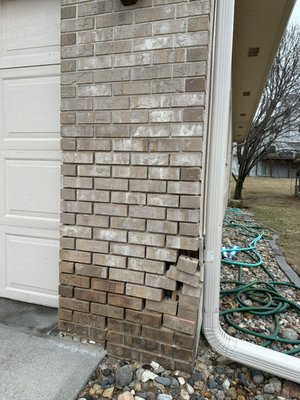 Brick Repair - In this project we ground out the mortar joints up the wall until we reached solid uncompromised mortar, cleaned off and reused what brick we could on the right side. We then tuck-pointed mortar back in the remaining joints and tooled them to match existing. These walls will now continue to stand for many years to come. Brick Repair - In this project we ground out the mortar joints up the wall until we reached solid uncompromised mortar, cleaned off and reused what brick we could on the right side. We then tuck-pointed mortar back in the remaining joints and tooled them to match existing. These walls will now continue to stand for many years to come.