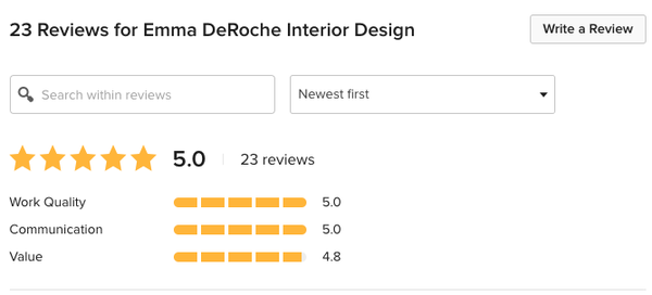 Houzz 5* Testimonials since 2017 - Emma DeRoche Interior Design has been on the International Home improvement Professional Directory Houzz since 2017 and has 23 5-Star Reviews! Houzz 5* Testimonials since 2017 - Emma DeRoche Interior Design has been on the International Home improvement Professional Directory Houzz since 2017 and has 23 5-Star Reviews!