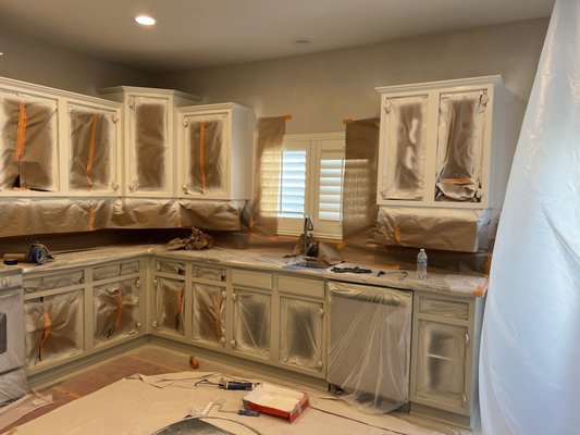 Kitchen Cabinets - We also paint kitchen cabinets. We make sure to follow the proper steps: remove hardware, take off doors, mask off room, mask off cabinets, sand cabinets, clean cabinets, prime and paint cabinets with airless sprayer. Kitchen Cabinets - We also paint kitchen cabinets. We make sure to follow the proper steps: remove hardware, take off doors, mask off room, mask off cabinets, sand cabinets, clean cabinets, prime and paint cabinets with airless sprayer.