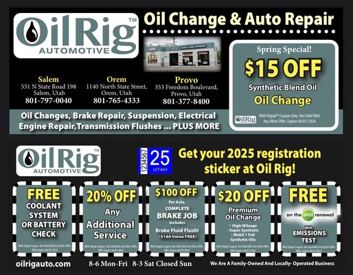 Current Specials - Spring Specials! Oil changes, break replacement, glass chip repair, wiper blade replacement, tire changes, and bumper to bumper check. Current Specials - Spring Specials! Oil changes, break replacement, glass chip repair, wiper blade replacement, tire changes, and bumper to bumper check.