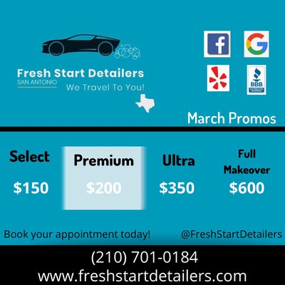 March Promotions - We often run promotions for our customers. Here is our March Promotions for interior and exterior auto detailing.
We come to you! March Promotions - We often run promotions for our customers. Here is our March Promotions for interior and exterior auto detailing.
We come to you!