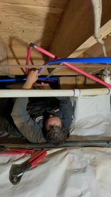 Whole Home Pex Water Re-Pipe - Pictured is our technician performing a whole home water pex repipe. Very labor intensive but everlasting performance results.

This home only took us three days to do a quality job, with well system connections, new freeze proof hose bibs, the works.