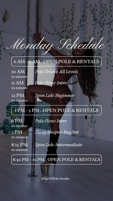First Class $35! Weekly Schedule - Daily Open Pole, Studio Rentals, Classes, & Private Lessons!
All Bodies, All Levels.
Find Your Flow. First Class $35! Weekly Schedule - Daily Open Pole, Studio Rentals, Classes, & Private Lessons!
All Bodies, All Levels.
Find Your Flow.